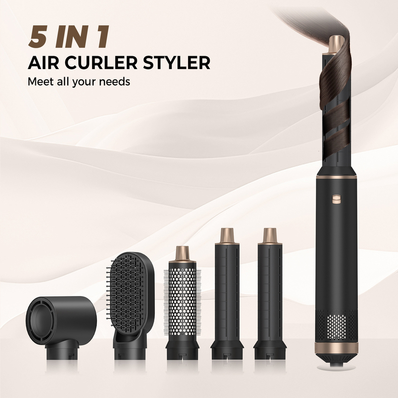 Multifunktionales 5 in 1 Heißluftkämmset Styling Geräuschreduktion Curling Eisennegativ-Ionen-Technologie