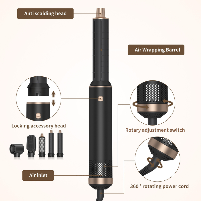 Multifunktionales 5 in 1 Heißluftkämmset Styling Geräuschreduktion Curling Eisennegativ-Ionen-Technologie