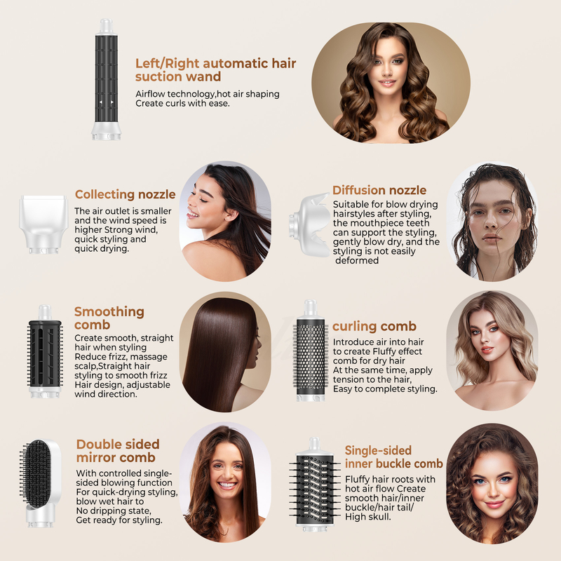 Schnelle Trocknung 8-in-1 professionelle Heißluft Haartrockner Bürste mit Auto-Wrap Curler und 2M Stromkabel 1500W Multi-Styler